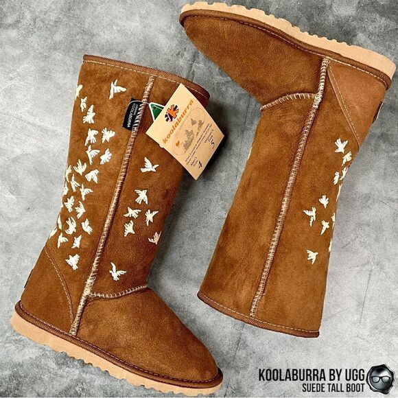 UGG KOOLABURRA PEACE TALL BOOTS CHESTNUT SUEDE SHEEPSKIN FLYING BIRDS DOVE FLOCK - Picture 16 of 16